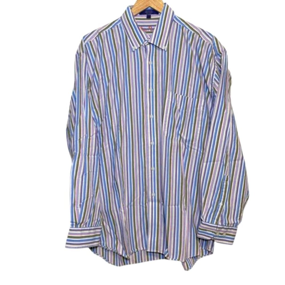 Alan Flusser Preppy Blue Purple Green Striped Button Up Dress Shirt, Size Large